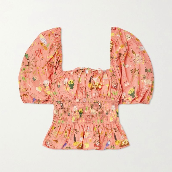RHODE Tops - Rhode Jodie Shirred Printed Cotton-Poplin Top